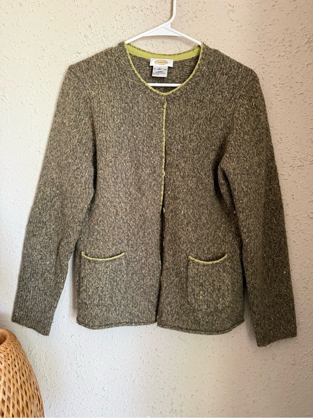 Vintage Green Flecked Wool Cardigan with Lime Trim